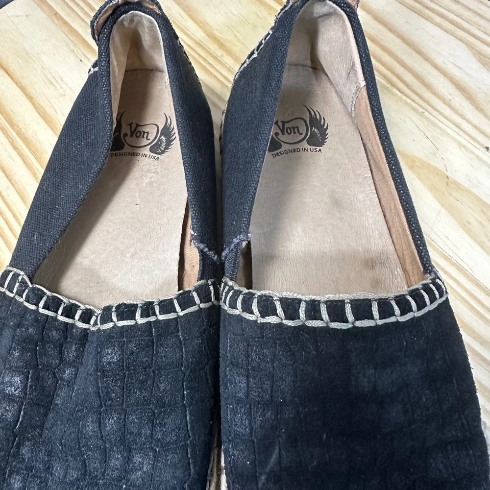 Von Dutch Black Suede Croc Embossed Espadrille Slip On‎ Flats Shoes 9M